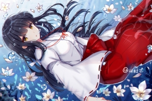 水,花瓣,长发美女,红色裙子,4K动漫壁纸