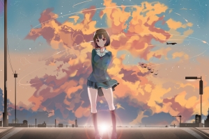 天空，云，夕阳，动画，艺术，女生动漫壁纸