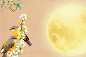 中秋节水墨画花鸟桂花月亮黄色banner