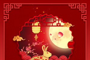 中秋背景窗沿兔子剪纸灯笼中式边框