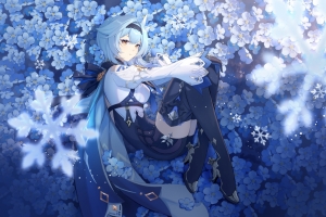 原神优菈 蓝色头发 蓝色的花 雪花 唯美 4k壁纸