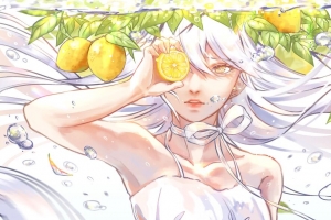 女孩 一瞥 柠檬 水果 动漫 艺术 4k壁纸 3840x2160