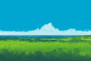 自然 云 大海 田野 房子 清新 插图风景5k壁纸