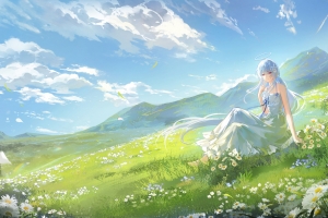 清新动漫女孩长裙子坐草地鲜花风景4K高清壁纸3840x2160免费下载