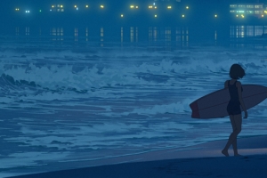 傍晚 海边 海浪 两个女孩 冲浪板 吉他3440x1440带鱼屏壁纸