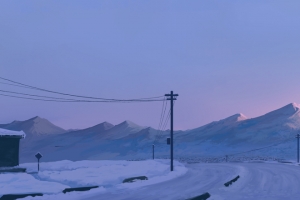 冬季山脉道路绘画风景 4K高清3440x1440带鱼屏壁纸免费下载（含人物小猫电线杆）