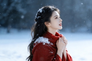 冬天雪景 红衣美女 侧脸 4k壁纸