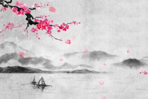 水墨流水桃花背景banner