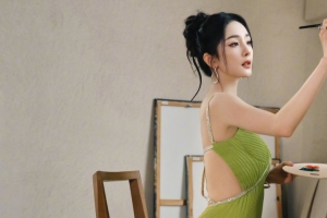 画室美女 杨幂 绿色礼服 3440x1440带鱼屏壁纸