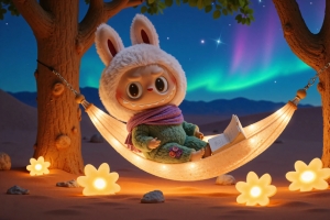 拉布布 labubu 夜晚 星空 树 吊床 4K电脑壁纸 3840x2160