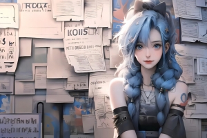 报纸墙女孩金克丝 3K动漫壁纸3200x2000高清免费下载