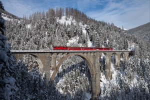 雪山 树林 高架桥 火车 4K风景壁纸