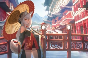 红伞,女生,尾巴,动漫壁纸