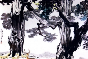 水墨树林草地小鹿插画