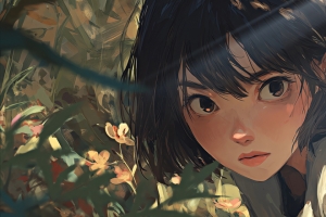 短发女孩在花草丛4K动漫壁纸 3440x1440带鱼屏高清免费下载