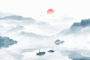 水上日出山水渔人背景