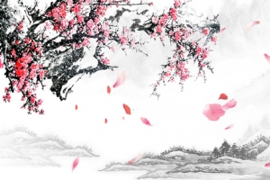 红色水墨梅花群山淘宝背景