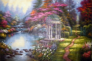 美丽的森林,花园,小溪,小路,凉亭,托马斯金凯德绘画风景图片