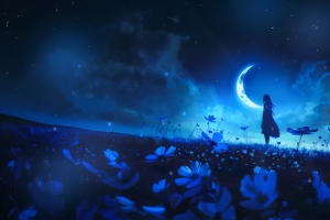 月光少女 星空 花3440x1440带鱼屏壁纸