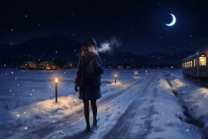 雪 动漫女孩短发 围巾 黑色手套 夜晚天空 月光 铁路 火车 4K壁纸