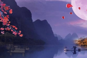 水乡山水摄影花瓣月亮蓝色背景banner