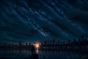 星空 城市 女孩 唯美意境 4k动漫壁纸