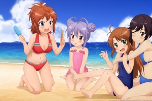 海边沙滩四个泳装少女4k壁纸