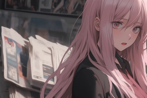报纸墙 粉色长发动漫女孩 3440x1440带鱼屏壁纸