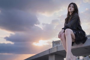 夕阳天空 美女仰拍 黑色连衣裙3440x1440带鱼屏壁纸