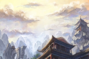 彩绘高山阁楼天空黄色光效渲染效果