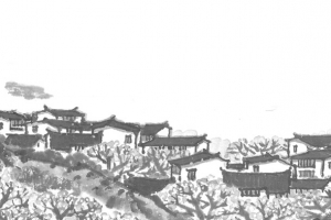 村庄桃花山水水墨画