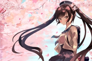 女孩 樱花 花 头发 动漫 艺术 4k壁纸 3840x2160
