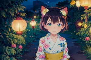 女孩 耳朵 和服 中国灯笼 树叶 动漫 4k壁纸 3840x2160