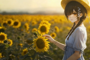 向日葵 花海 女生 帽子双马尾辫 白色裙子3440x1440带鱼屏壁纸