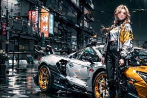 城市街道 晚上 跑车 动漫女孩3440x1440带鱼屏壁纸