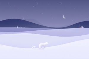 冬天夜晚简约风景 小熊和妈妈4k壁纸3840x2160