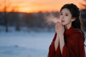 冬天红衣美女 唯美雪景 4k壁纸