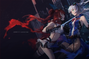 蓝色的夜,两个女孩,美女战士4k动漫壁纸