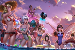 守望先锋dva,美女英雄,比基尼,泳装,3440x1440游戏壁纸