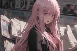 报纸墙 粉色长发女孩 4K动漫壁纸 3840x2160