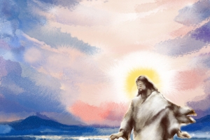 水上行走的人物油画