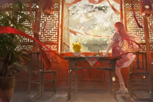 苏暖暖 国风 少女 红色裙子 房间 桌子 灯笼 窗 4K壁纸3840x2160