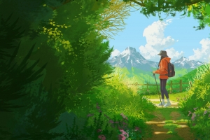 登山女孩风景动漫壁纸 阳光云朵山脉3440x1440护眼4K免费下载