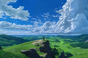 山脉 远景 悬崖旷野 绿色田野 蓝天云海 绘画 4K风景壁纸3840x2160