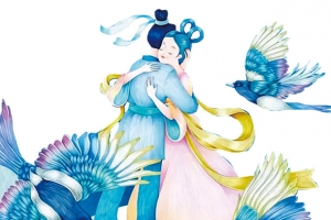 手绘牛郎织女喜鹊七夕中国风插图