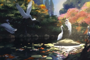鹤 鸟 池塘 艺术 4k壁纸 3840x2160
