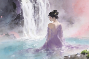 女孩背影唯美古风 瀑布 4k壁纸