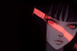 红色眼睛动漫女孩 光影 黑色背景 3440x1440带鱼屏壁纸