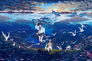 初音未来,小狗,鸟儿,海鸥,大海,天空,云,初音4k壁纸