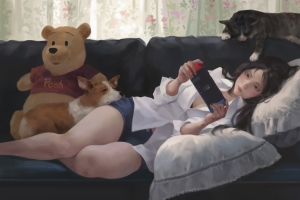 女孩 沙发 手机 猫 狗 小熊维尼 4k高清动漫壁纸